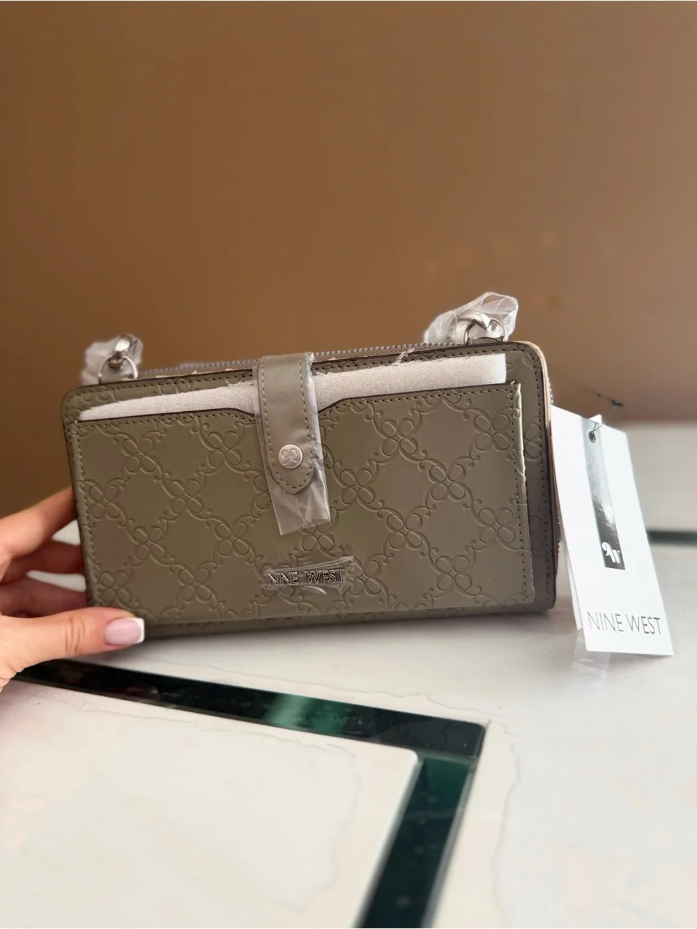 Nine West Olive Green Embossed Wallet Crossbody